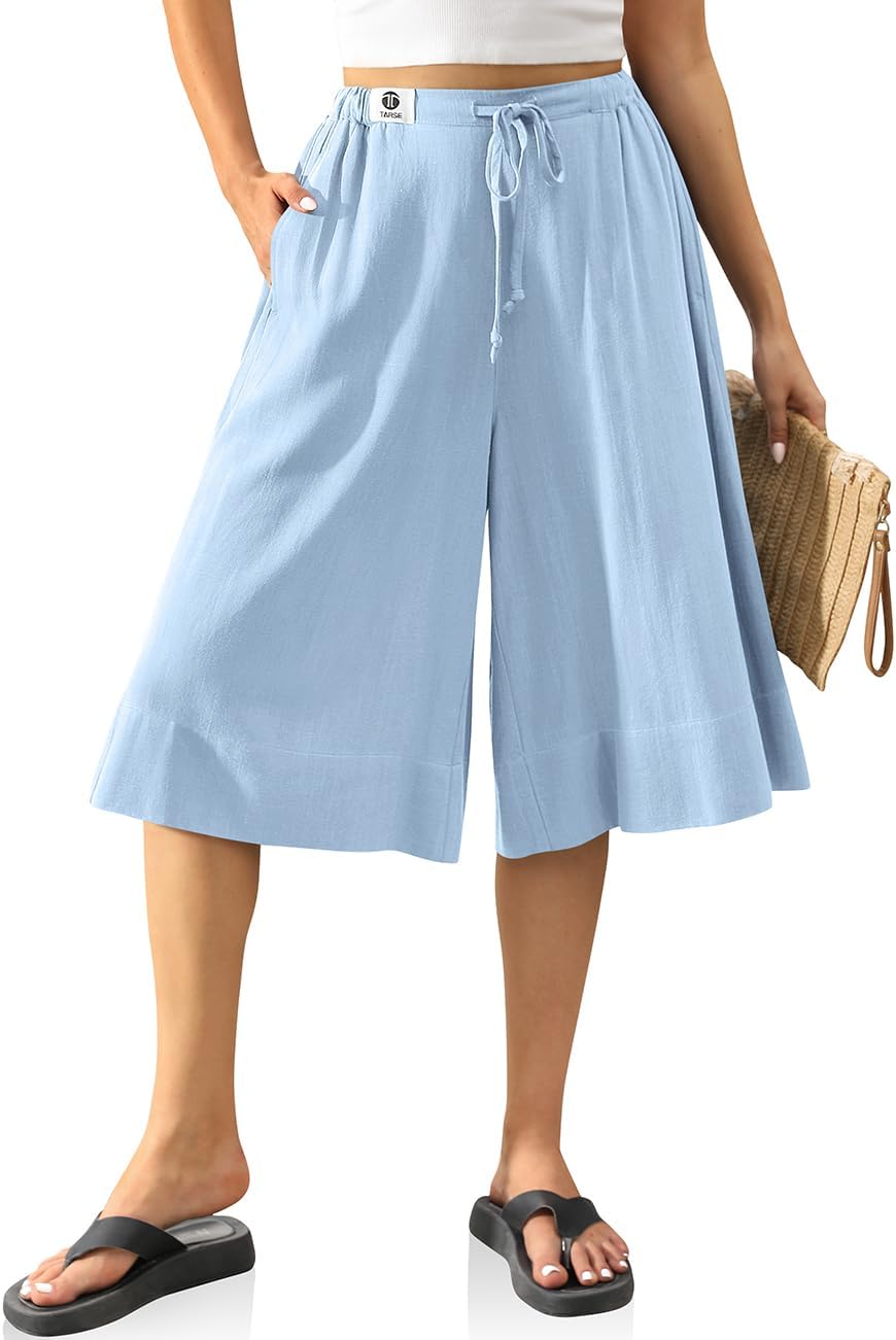 TARSE Women’s Linen Culottes Pants Flowy Wide Leg Drawstring Casual Summer Loose Elastic Waist Capri Pants with Pockets