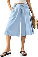 TARSE Women's Linen Culottes: Flowy Wide Leg Capri Pants with Elastic Waist, Drawstring & Pockets - Breathable Summer Casual Boho Pants