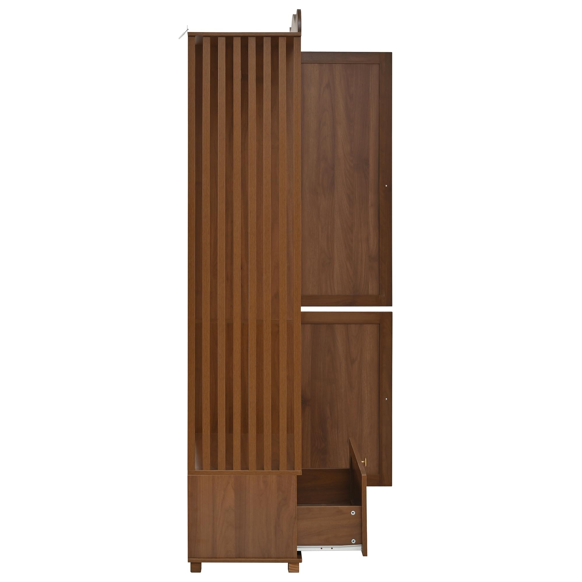Moimhear Garderobenschrank mit Spiegel & Offener Kleiderständer, 115.5x38.5x194.5cm, Kompaktgarderobe, mit Schublade & 2 Türen, für Schlafzimmer & Flur (Nussbaum)