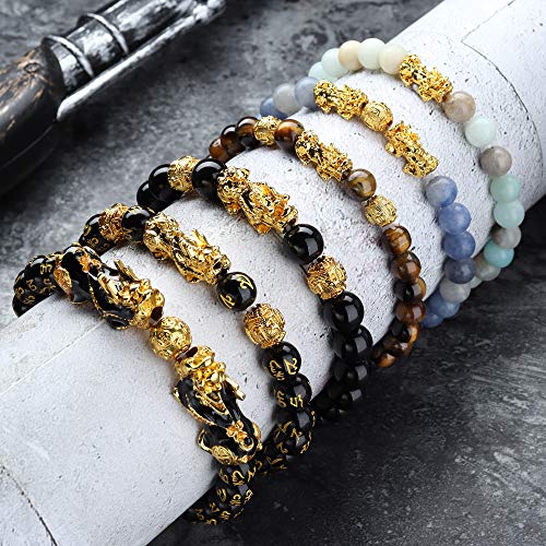 sailimue 6 Pcs Feng Shui Pixiu Good Luck Bracelets for Men Women Natural Stone Tiger Eye Bead Bracelet Pi Yao Chinese Dragon Charm Adjustable Feng Shui Black Obsidian Wealth Bracelet Set4