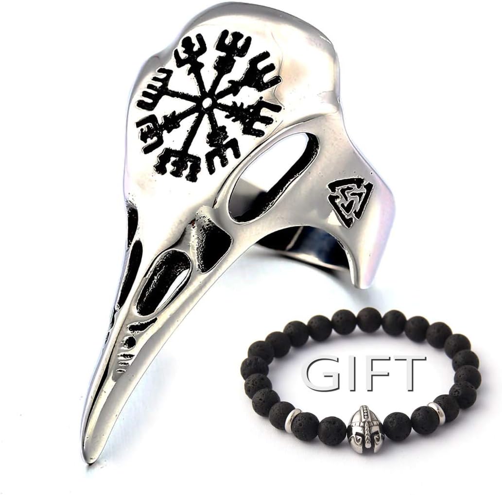 Ravens Skull Ring with Aegishjalmur The Helm of Awe Symbol 316L Stainless Steel Norse Scandinavian Viking Jewelry
