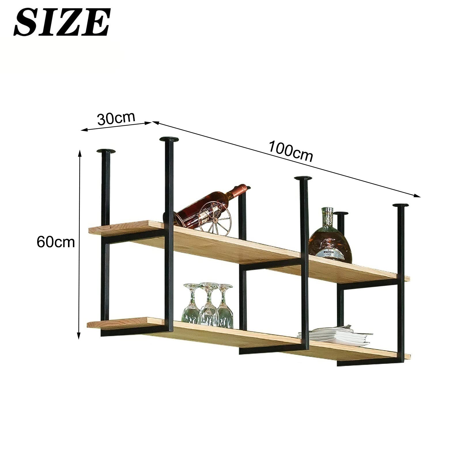 Industrie Deckenregal Hängeregal, 2-lagiges Deckenmontage Lagerregal Schwebendes, Hängendes Metall Weinregal, für Restaurant, Bar, Cafe, Küche (100×30×60cm)