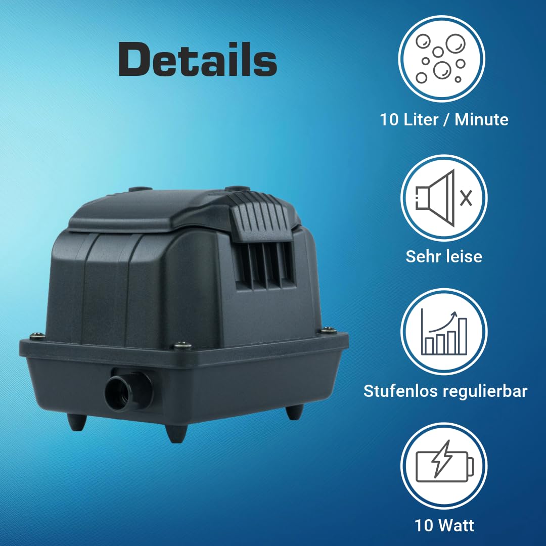 Teichbelüfter 600 L/H stufenlos regulierbar, 10 Watt Sauerstoffpumpe für Teich, Membranpumpe 10 L/Min, Teichbelüftung, Luftpumpe Teich, Belüfterpumpe für Gartenteiche, Teichbelüftungspumpe