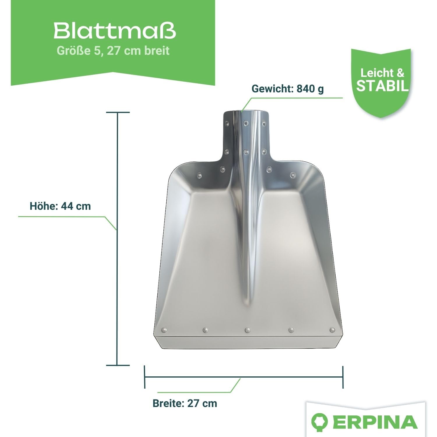 3 palette in alluminio ERPINA misura 5 con bordo in acciaio largo 27 cm con manico – robusto e leggero – Versatile in giardino, cortile e stalla – Efficiente nel travaso e distribuzione di letame