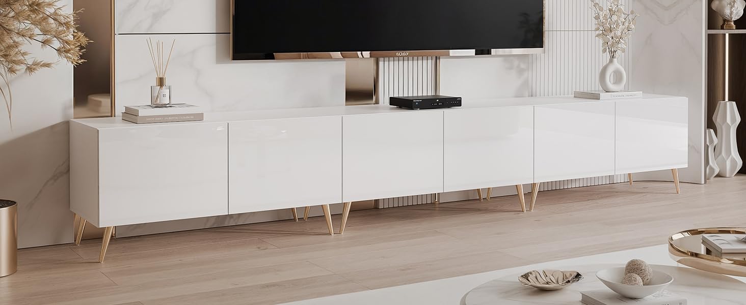 100/200/300 cm TV Lowboard Weiß Hochglanz 300cm mit 6 Praktischen Großen Fächern und LED Beleuchtung - TV Lowboard Stehend Passend Für Stilvolle Wohnräume