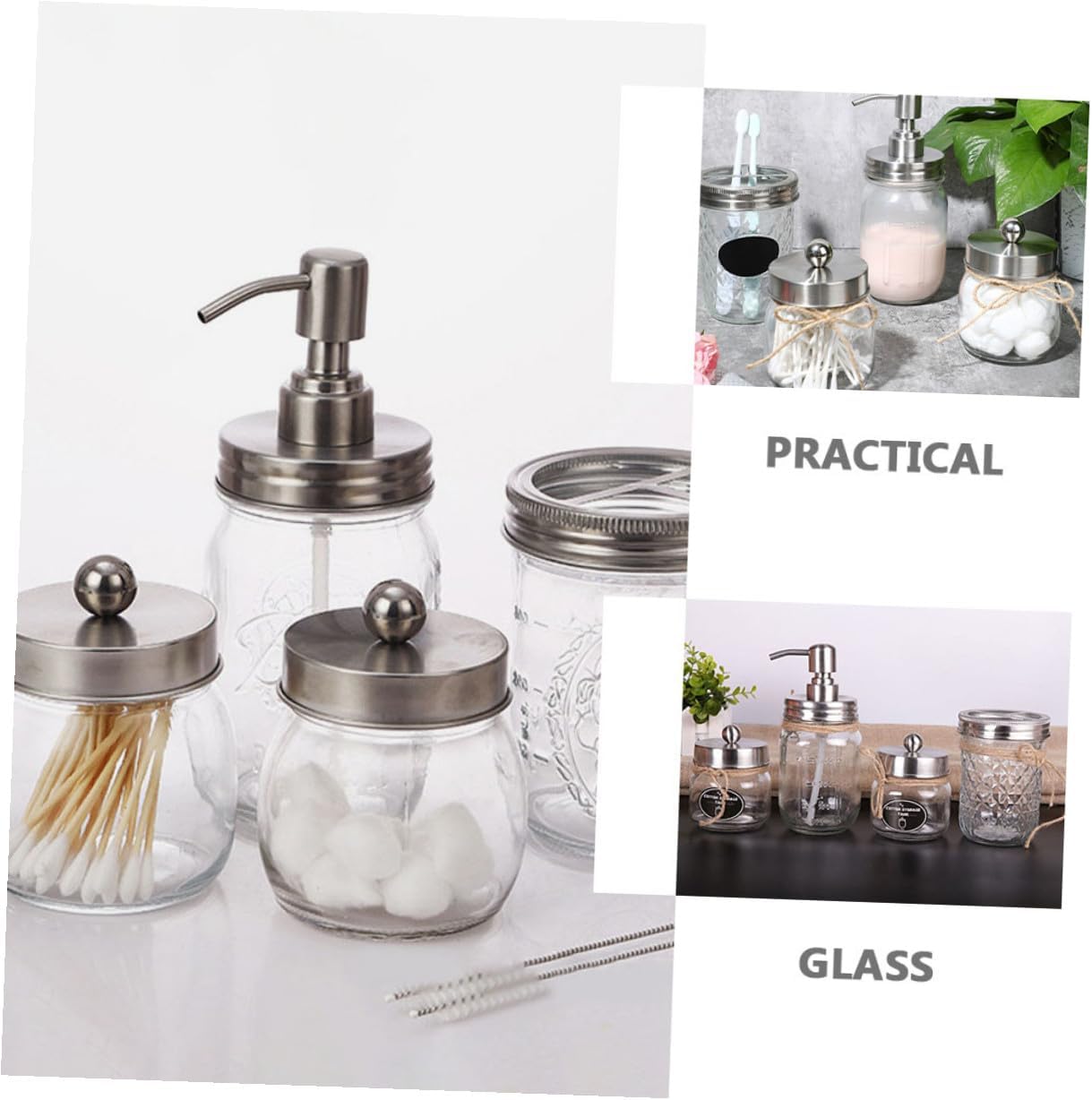 Glass Bathroom Accessories with Mason Jar Lotion Bottle and Toothbrush Cup Practical Swab Holder with Silver Lids Stylish Vanity Organizer for Home Use