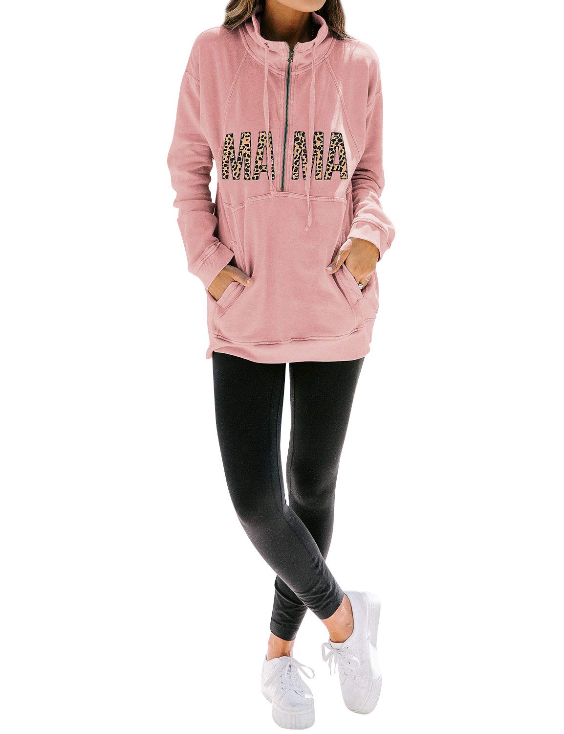 MYMORE Women's 'Mama' Half Zip Sweatshirt - Pink Leopard Print, Loose Fit, Long Sleeve Pullover - View #3