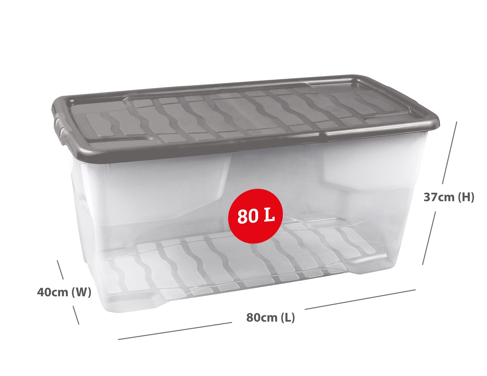 Strata 6 x 80 Liter stapelbare Aufbewahrungsbox aus Kunststoff mit Deckel mit aufsteckbaren Deckeln, 6er-Pack, Multi-Aufbewahrungsbox für Zuhause und Büro, transparente Box, grauer Deckel