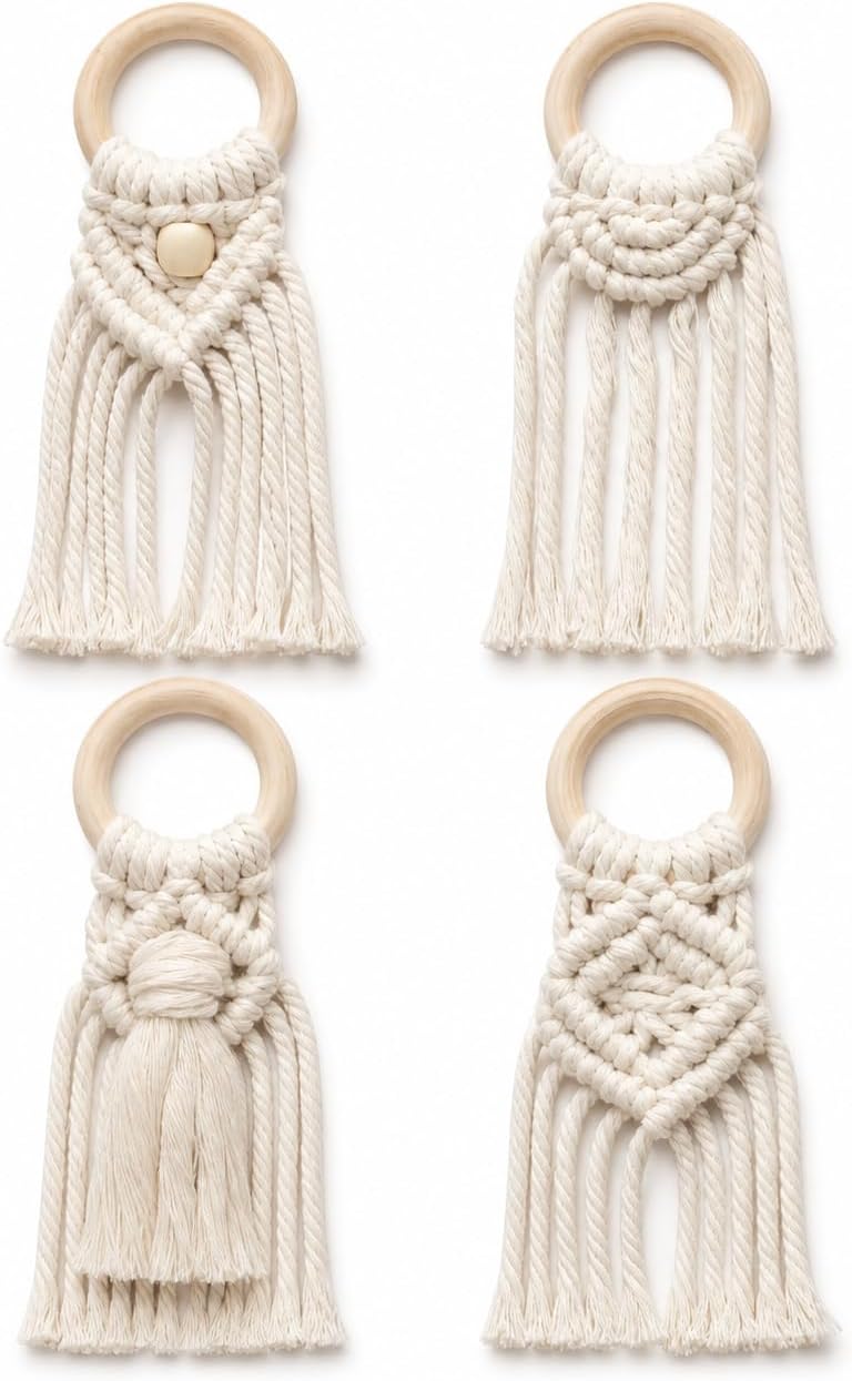 Boho Napkin Rings - Set of 12 Handmade Macrame Napkin Holders with Wood Rings, Rustic Farmhouse Table Decor for Wedding, Party, Holiday Dinner, 4 Unique Designs