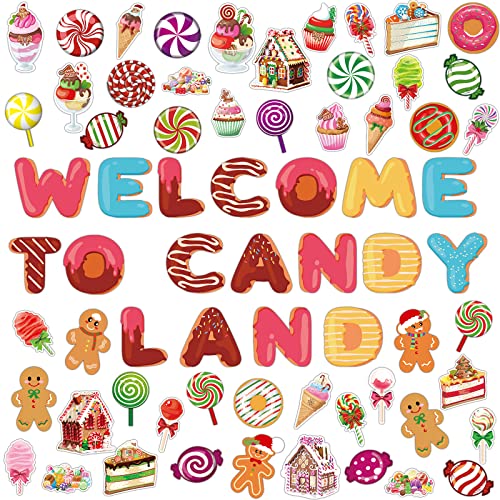 68 Pcs Candy Land Party Classroom Bulletin Border Decoration Christmas Peppermint Round Candy Gingerbread Man House Donut Cutouts Welcome to Candy Land Cutouts for Classroom Wall Decor (Dessert)