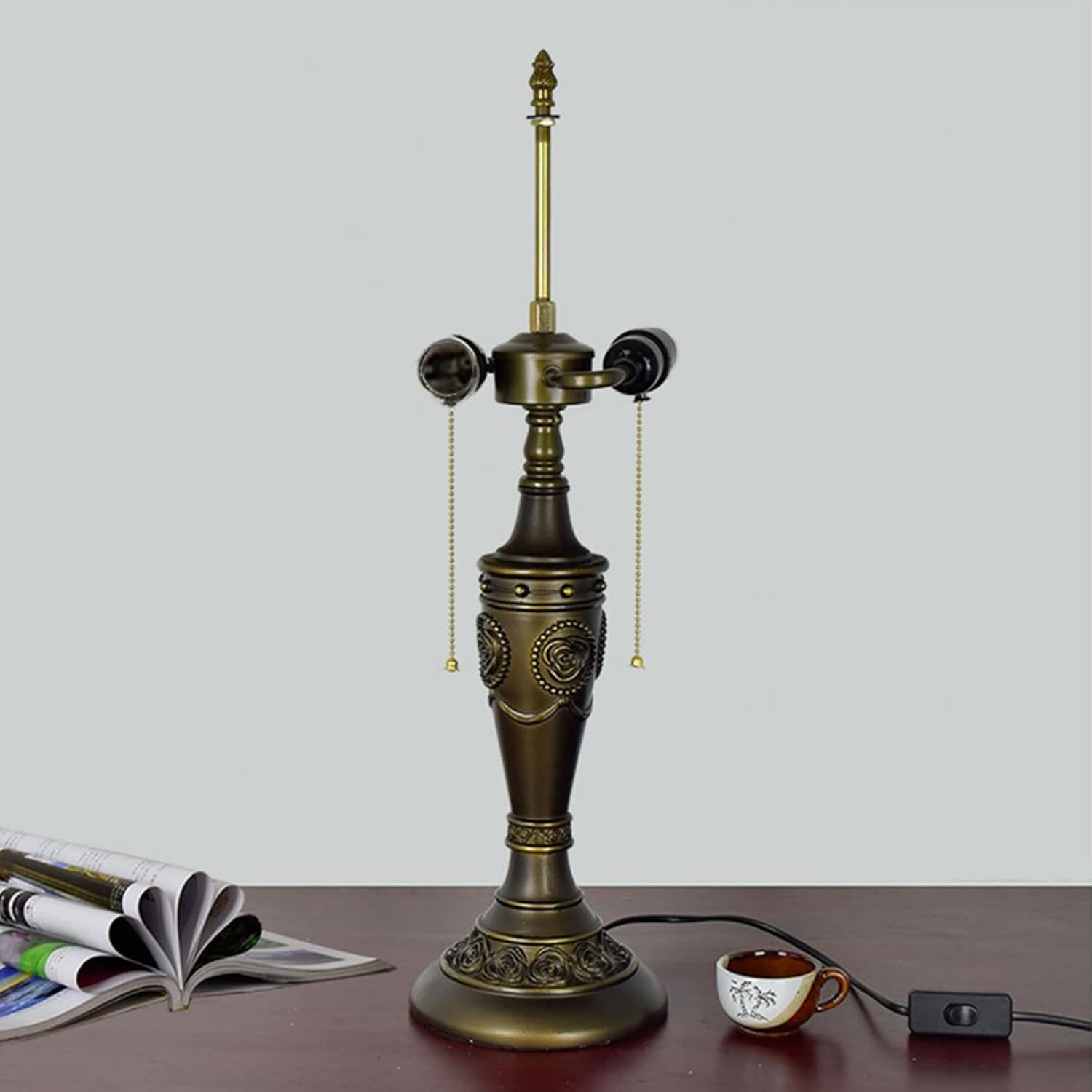 Table Lamp Base Replacement Only, Height 23 Inch Roses Resin Base, Fit for 16, 18, 20 Inch Tiffany Style Stained Glass Lampshade, Pull Chain Switch