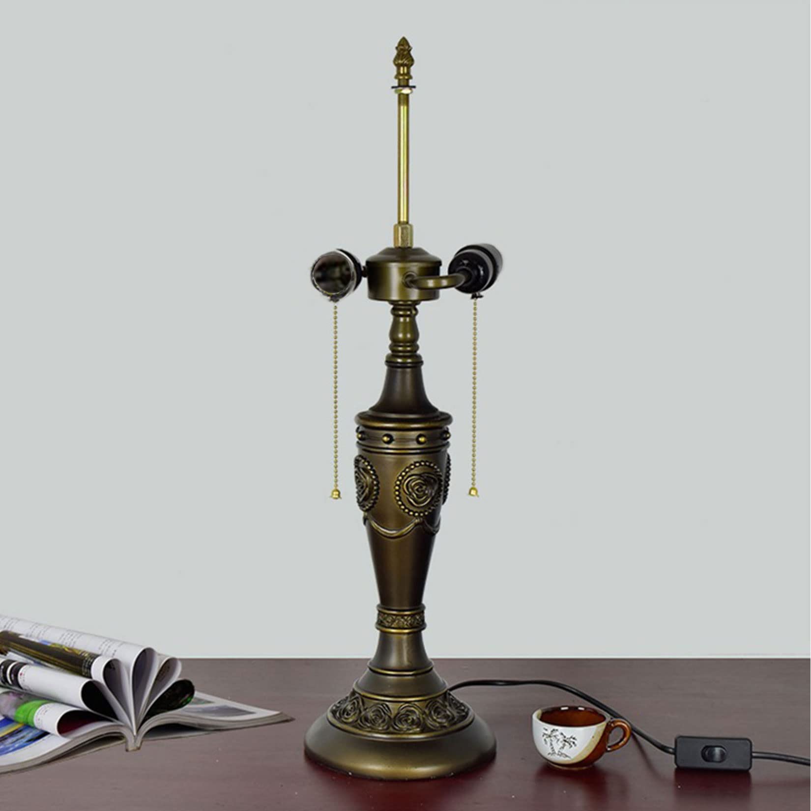 BOTOWI Table Lamp Base Replacement Only, Height 23 Inch, Fit for 16,20 Inch Tiffany Style Stained Glass Lampshade, Dark Bronze Finish, Rose Resin Base, 2-Zipper Lamp Socket