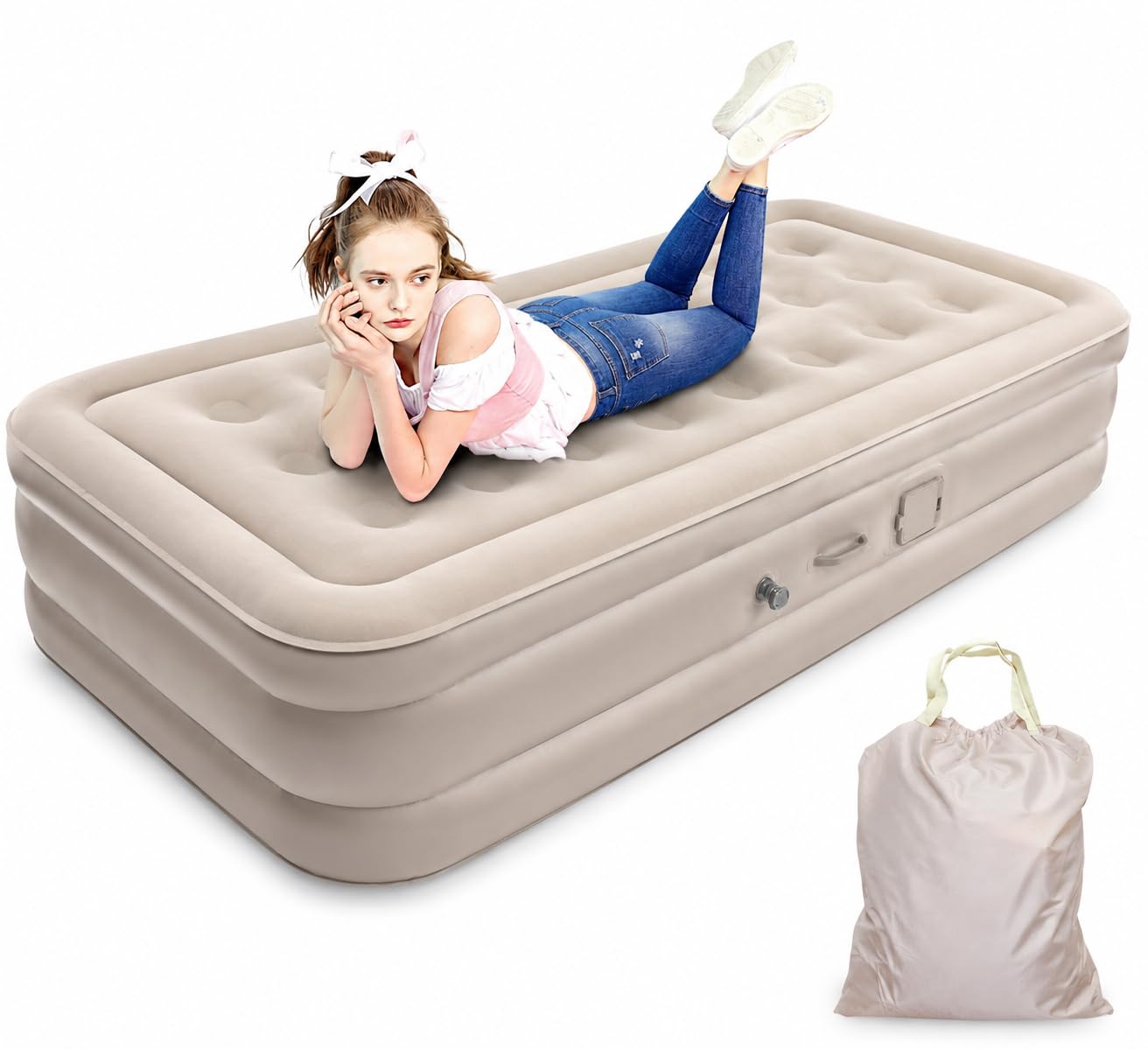 Inflatable Air Bed Mattress with Built-in Electric Pump - Raised Flocked Sleeping Mattress, Quick Inflate Folding Airbed with Carry Bag for Home, Guests, Camping and Travel-image-45