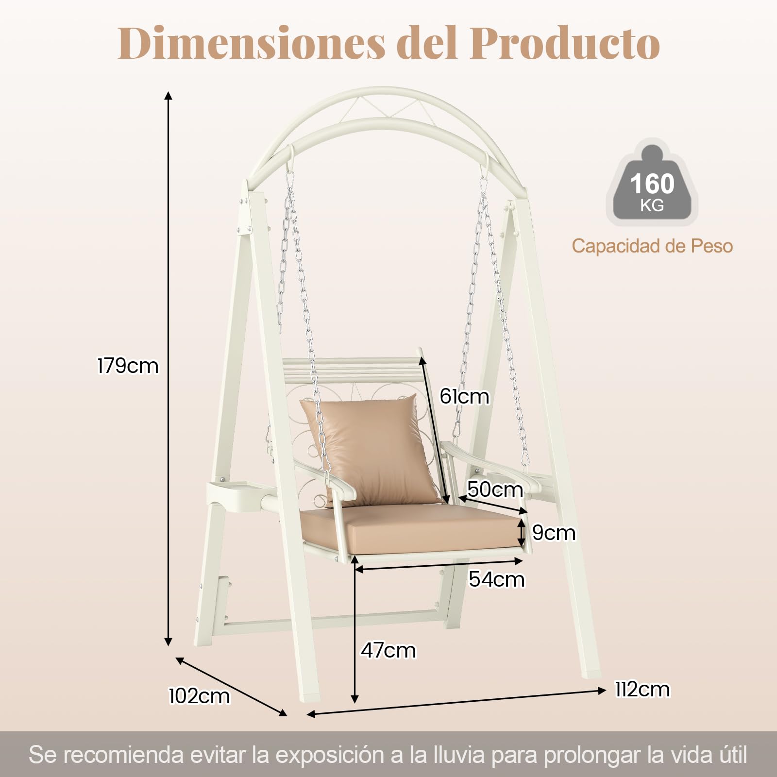 GOPLUS Columpio de Jardín para 1 Persona, Balancín Individual de Exterior con Mesitas Laterales y Techo Arquedado, Cojines Suaves, Altura Ajustable, Silla Colgante de Metal con Soporte (Blanco)
