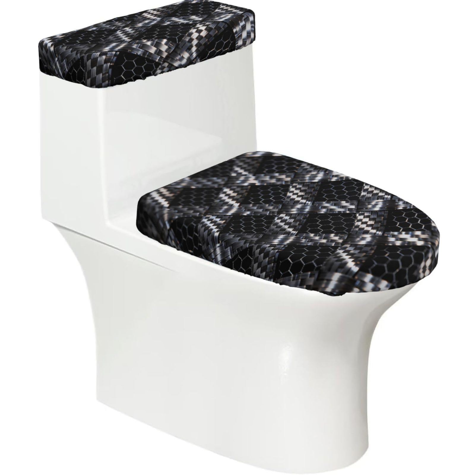 Fiber Weave Pattern Elastic Toilet Cover Set of 2-Stretchy Lid and Tank Covers for Bathroom, Soft Washable U Shape Toilet Decor