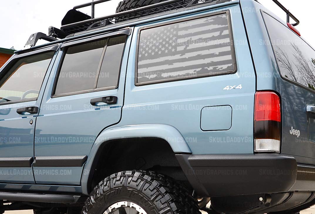 Skull Daddy Graphics PRECUT XJ Window USA Distressed Flag Decals Stickers to fit Jeep Cherokee 1987-2001 (Both Sides, Metallic Silver)