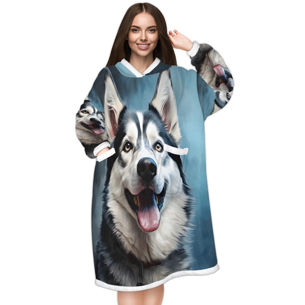 Pardick Wearable Blanket Hoodie Husky Dog Oversized Fleece Hoodie Blanket Warm Sweatshirt Animal Dog Thick Hooded Blanket Gifts for Women Men