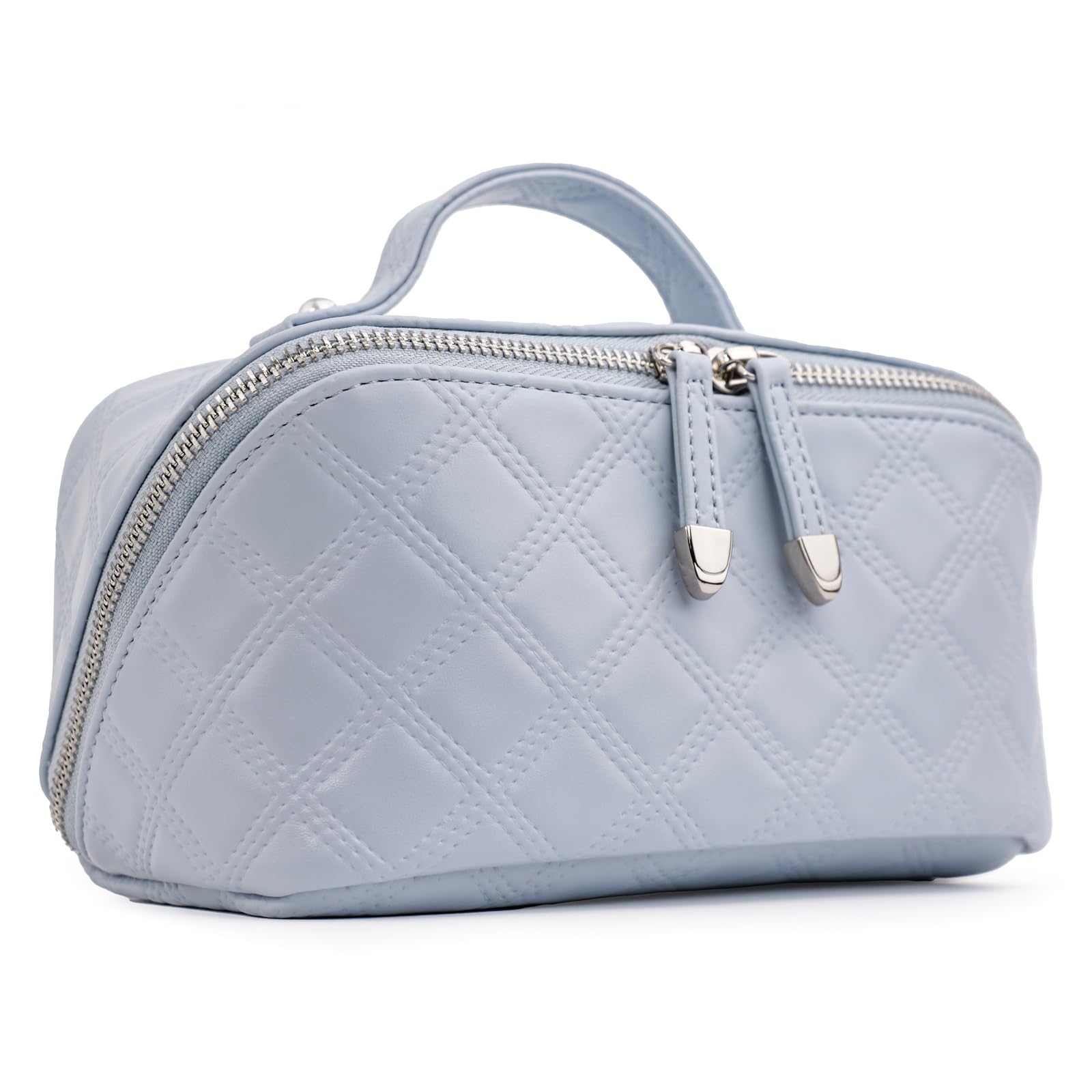 Starbox Gathering Travel Makeup Bag,Large Capacity Cosmetic Bags for Women,Portable Pouch Open Flat Toiletry Bag Make up Organizer with Divider Double divider removable and Handle (Blue)