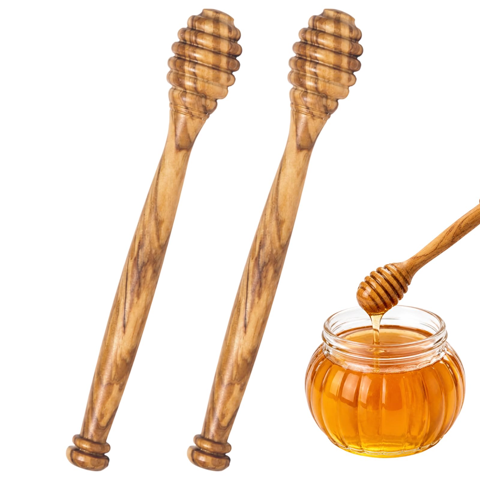Honey Spoon, Honey Dipper and Honey Sticks, Two-Piece Set for Kitchen Use, Wooden Honey Spoon with Olive Wood Design, 15 cm Length Each