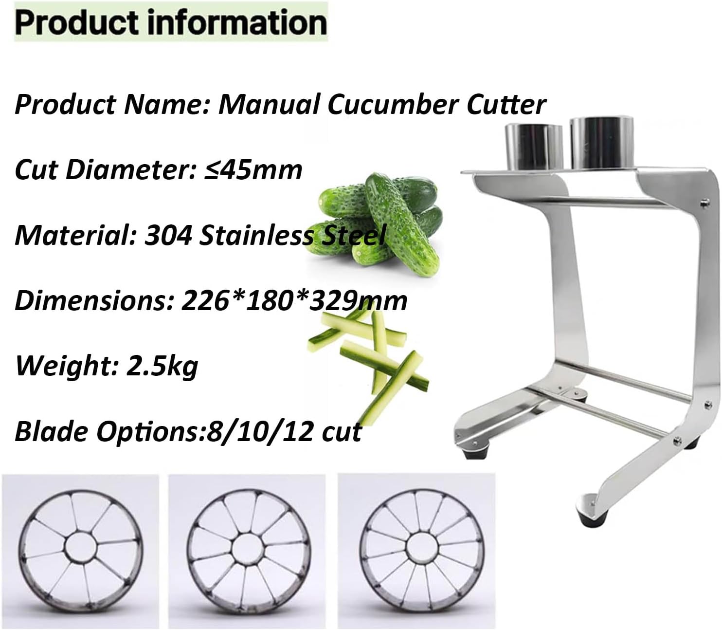 Handy Carrot Stick Cutter Tool, Manual Stainless Steel Cucumber Cutter, Cutting Speed 10 Slices/minute, Cutting Diameter 45mm, Replaceable Blades, for Salad Making, Cooking, Sushi (8-cut+12-cut)