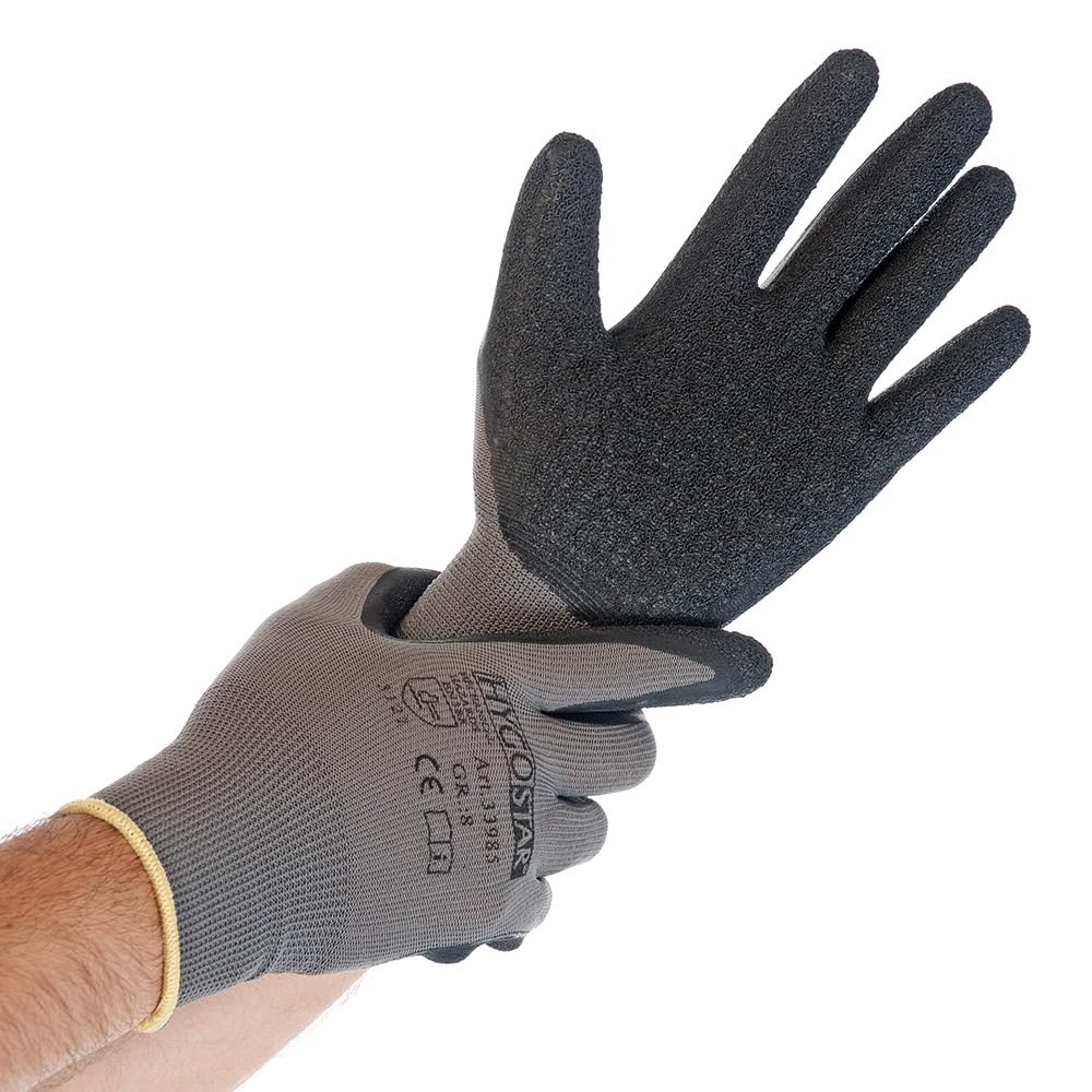 FRANZ MENSCH 240 Stück Hygostar Feinstrickhandschuhe Skill | Latex-Beschichtung, grau-schwarz, 10/XL, L: 26cm, Karton, Schutzhandschuhe, Arbeitshandschuhe, Latexhandschuhe