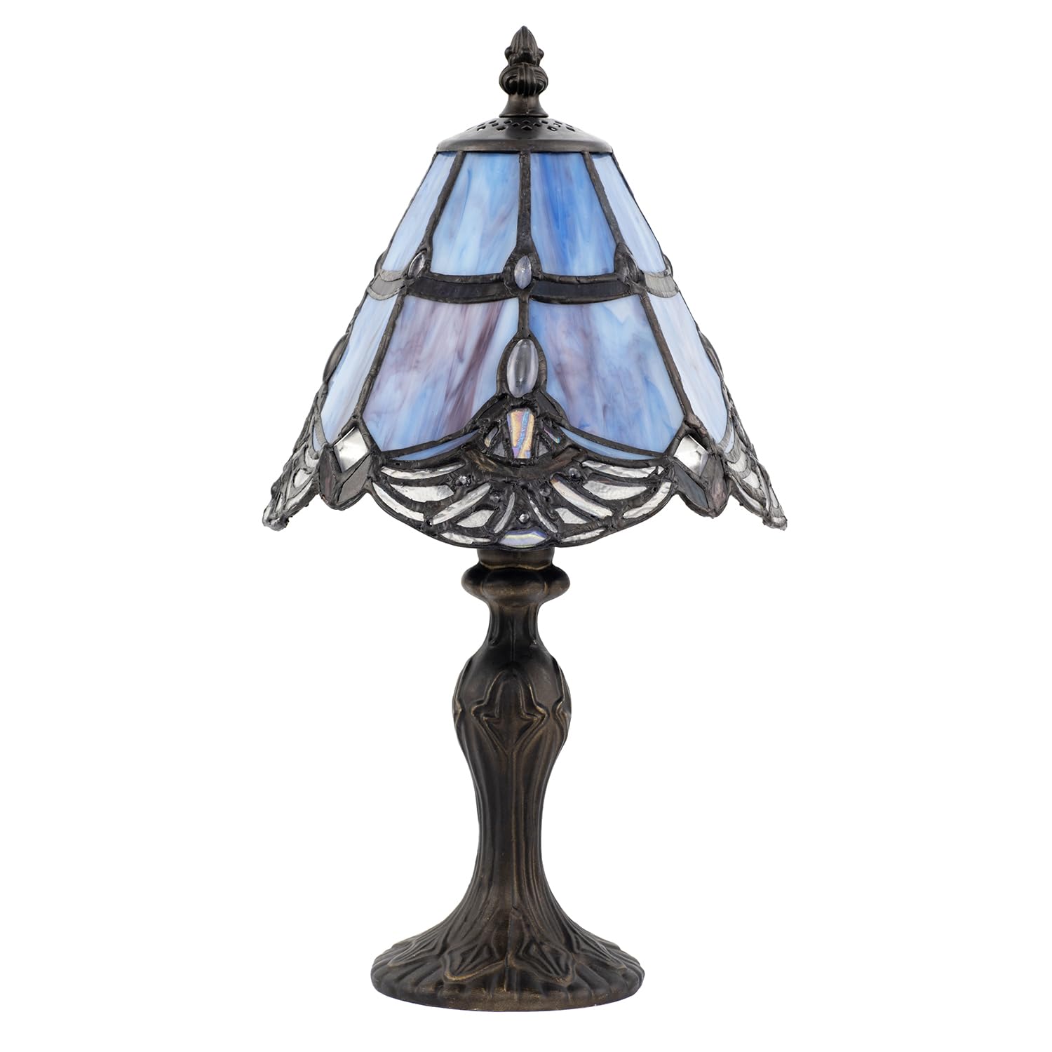 Happy Homewares Purple Quirky And Petite Lavender Stained Glass Tiffany Lamp With Clear Oval Beads | 35Cm X 19Cm | Ornate Bronze Base With Inline Switch
