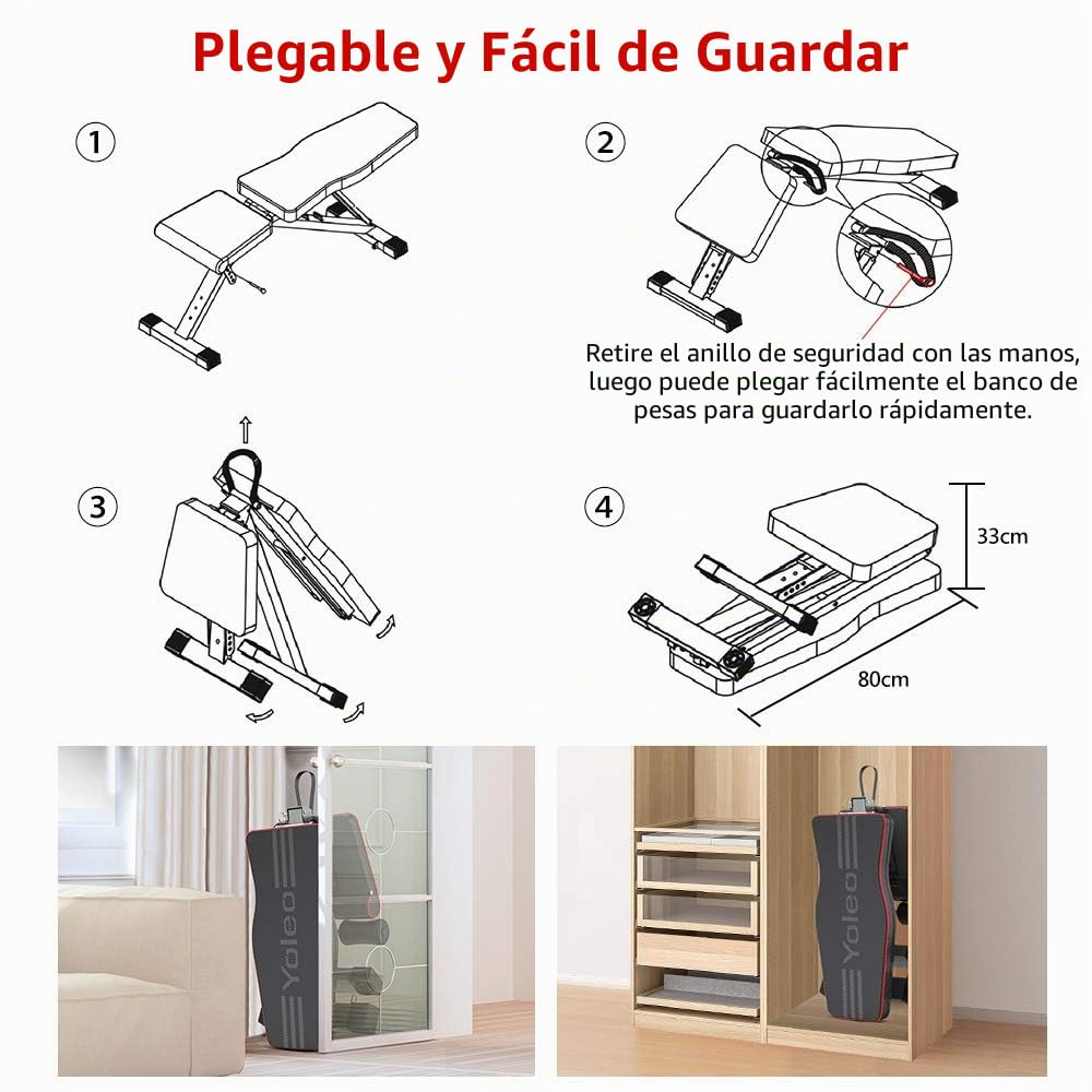 YOLEO Banco de musculación regulable, no requiere ensamblaje, banco de pesas, entrenamiento en casa, respaldo ajustable, apto para principiantes y expertos, carga máx. 300kg