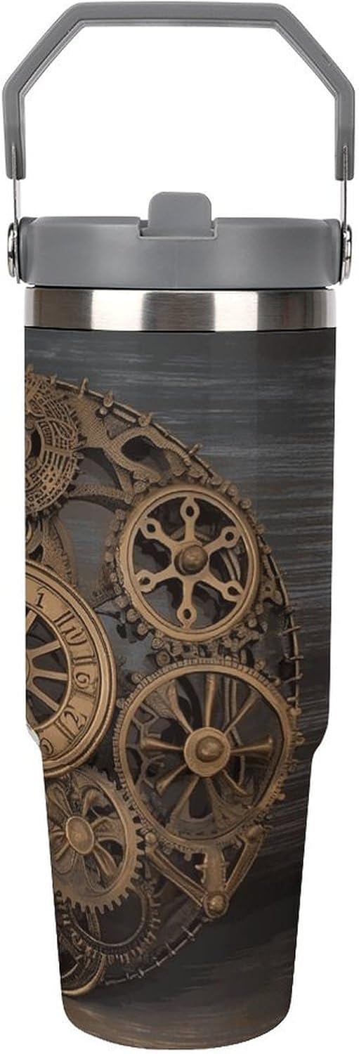Steampunk Gears Clock Water Bottle 30 Oz Fits Car Cup Holder,Insulated Coffee Mug Large Capacity Car Cups,Stainless Steel Double Wall Sport Bottle for Travel Sports Gym