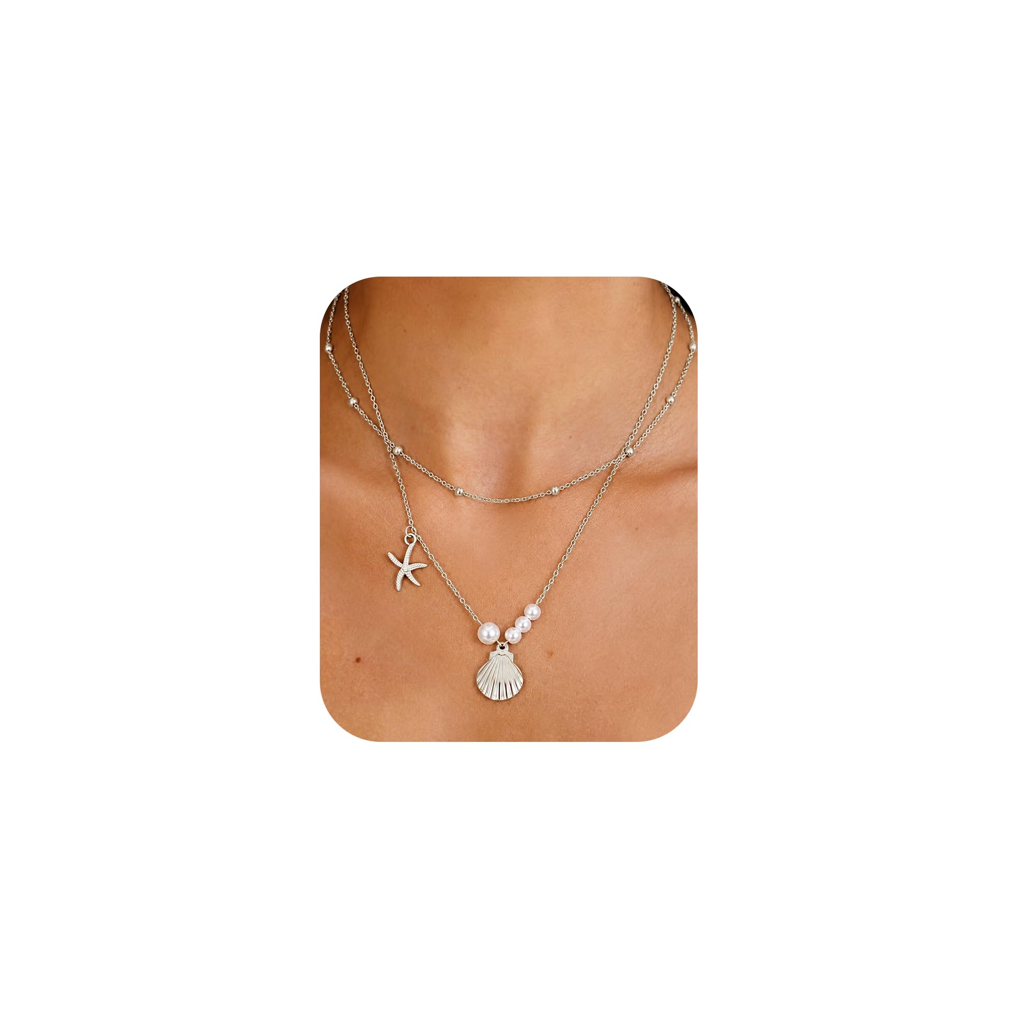 Photo 1 of Shell Necklace for Women, 14K Gold Plated Starfish Seashell Pearl Pendant Charm SeaShell Necklaces, Waterproof Dainty Non Tarnish Layered Necklace, Gold Silver Jewelry for Summer Beach Vacation