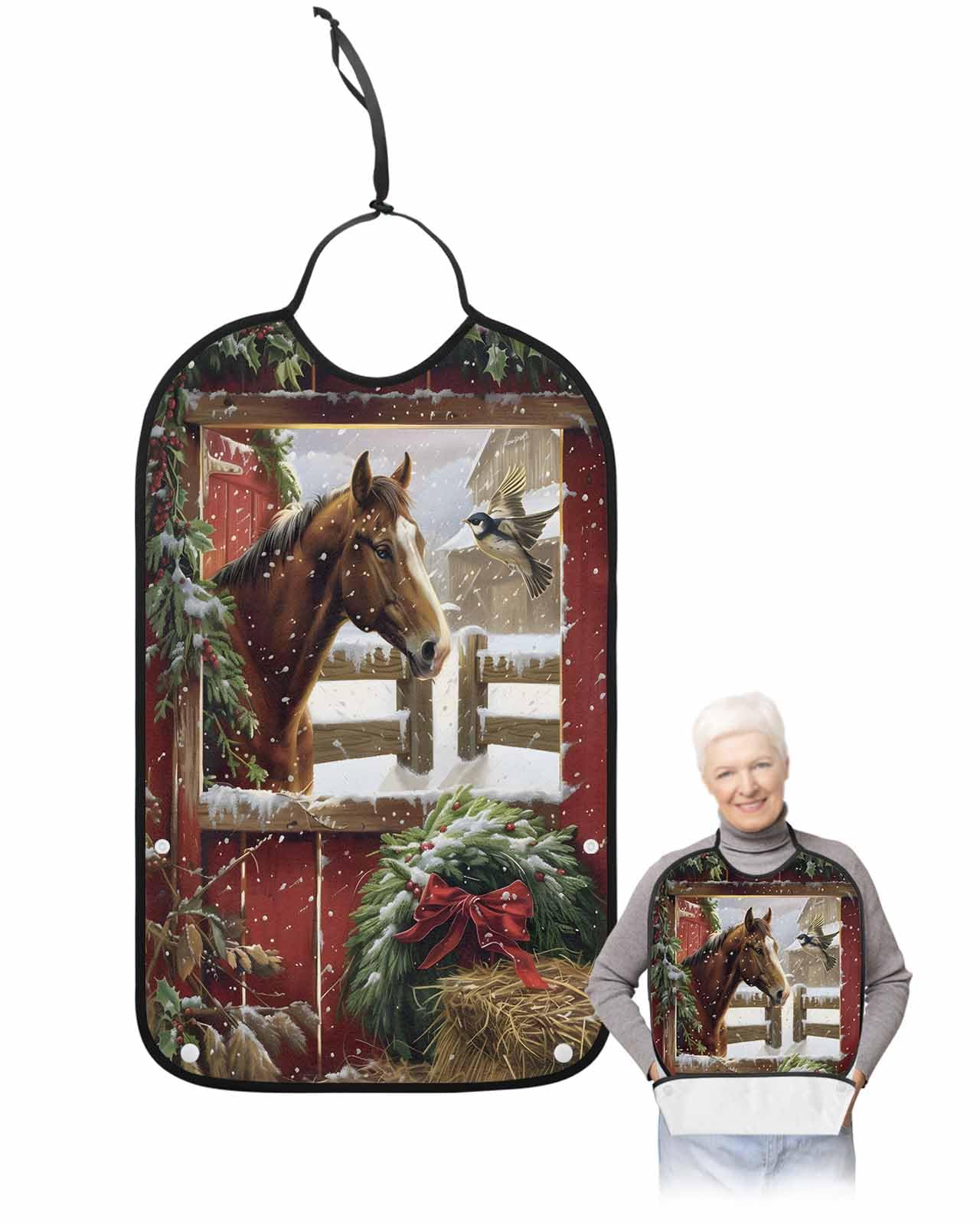 Christmas Adult Bibs for Eating, Horse Xmas Wreath Red Farmhouse Washable Elderly Adult Bibs for Men Women Large Reusable Adjustable Clothing Protector with Optional Crumb Catcher