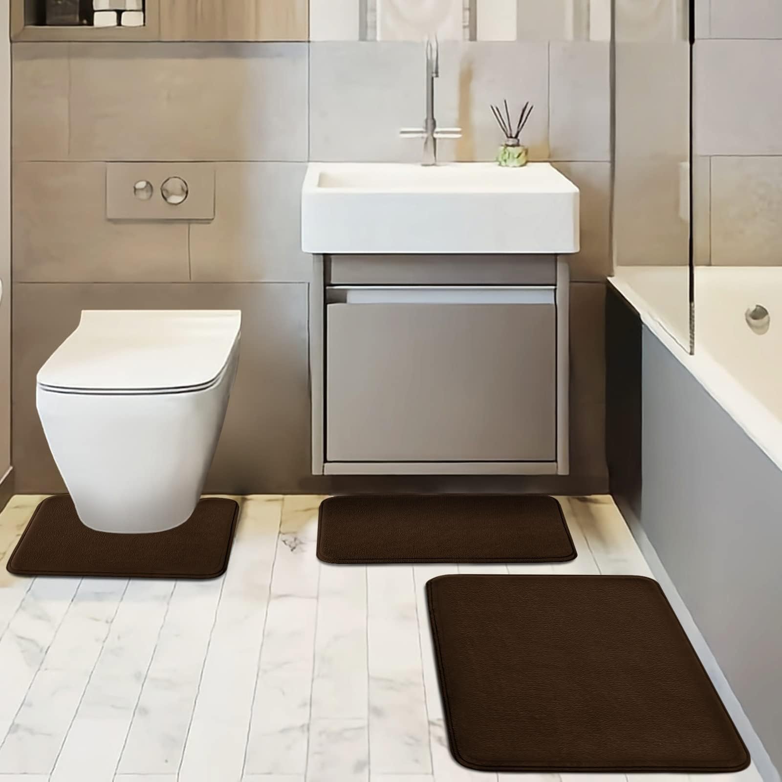 Badvorleger Set Kaffee Braun Badezimmermatte Diatomite Badezimmerteppich Bad Teppiche Set Waschbar WC Teppich rutschfeste Badematte Wasseraufnahme Badgarnitur 3 Stücke