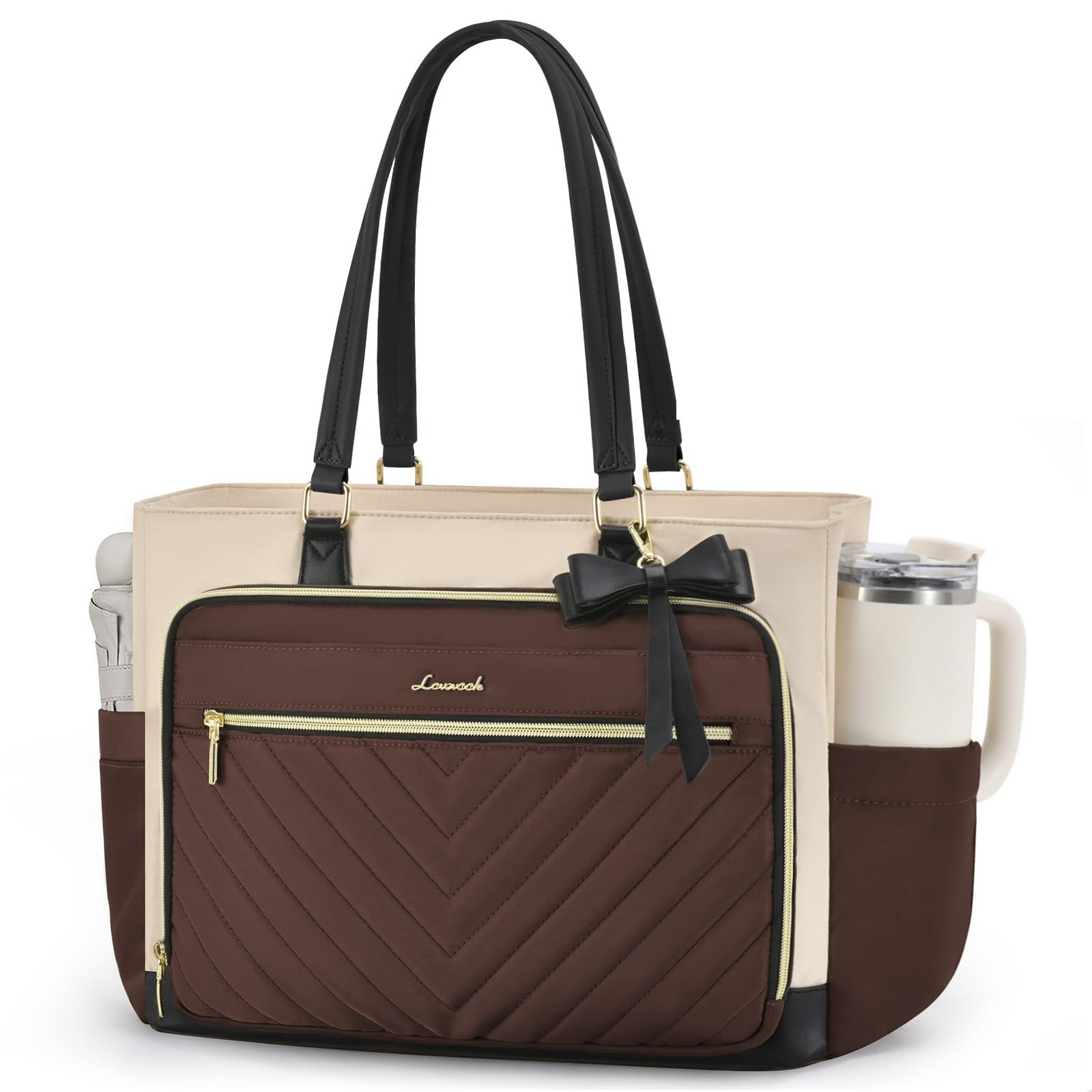 LOVEVOOK Laptop Tote Bag for Women, Work Bag for Nurse with Large Cup Holder, Quilted Diaper Bag for Travel, Computer Women's handbags for Teacher gift, Coffee-apricot-black, 15.6 Inch