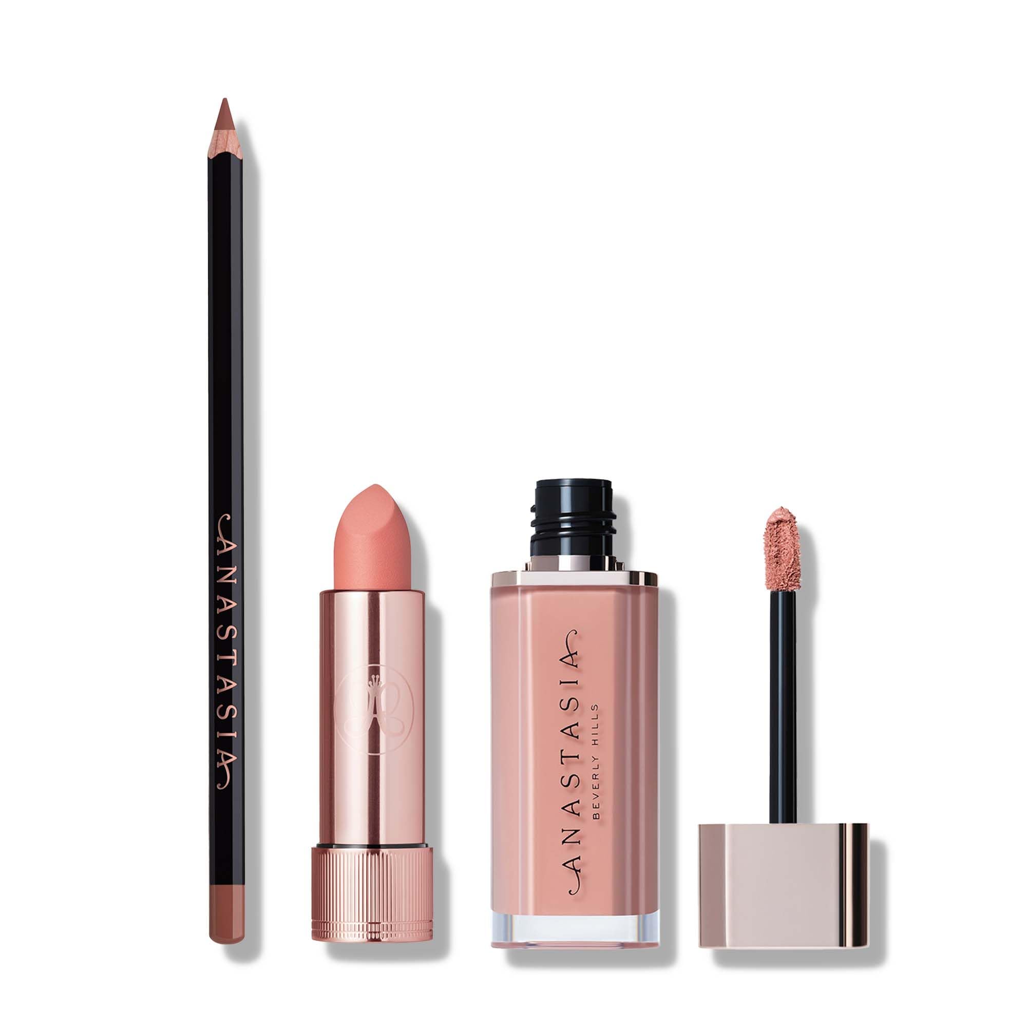 Anastasia Beverly Hills - 2025 Pucker Up Lip Trio – Rouge à lèvres Blush Brown/Lip Velvet Crush/Lip Liner Malt – Coffret cadeau de vacances