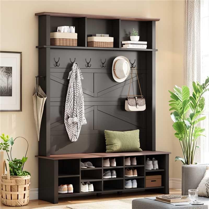 LUMISOL Wide Wooden Style Hall Tree with Bench and 16 Open Compartments, Farmhouse Mudroom Bench with Adjustable Shelves and 6 Hooks, 4-in-1 Rustic