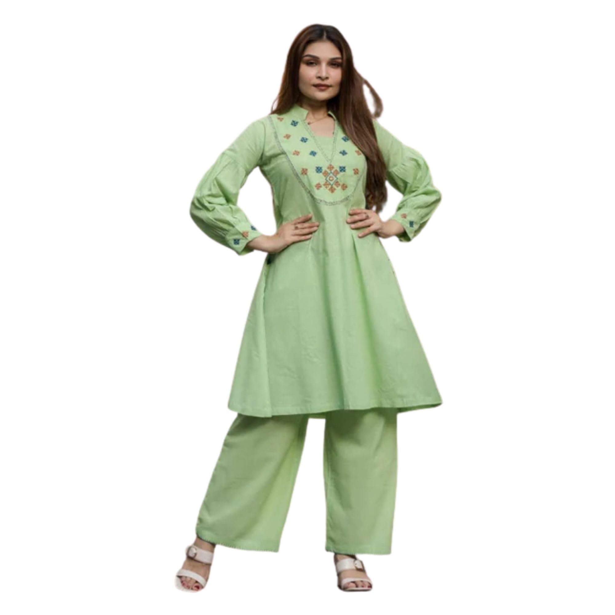 Two Piece Pastle Green Cotton Suit Set | Size - L | Co-ord Set for Women-image-45