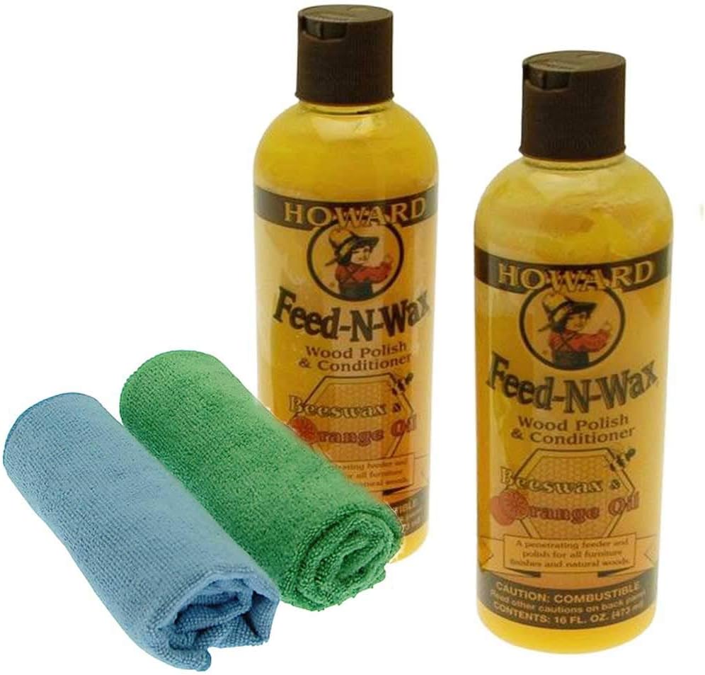 Feed N Wax Wood Polish Conditioner FW0016 Natural Waxes and Oils Polish Wooden Surfaces Oak, Teak, Mahogany Furniture (2 x 473ml & 2 cloths)