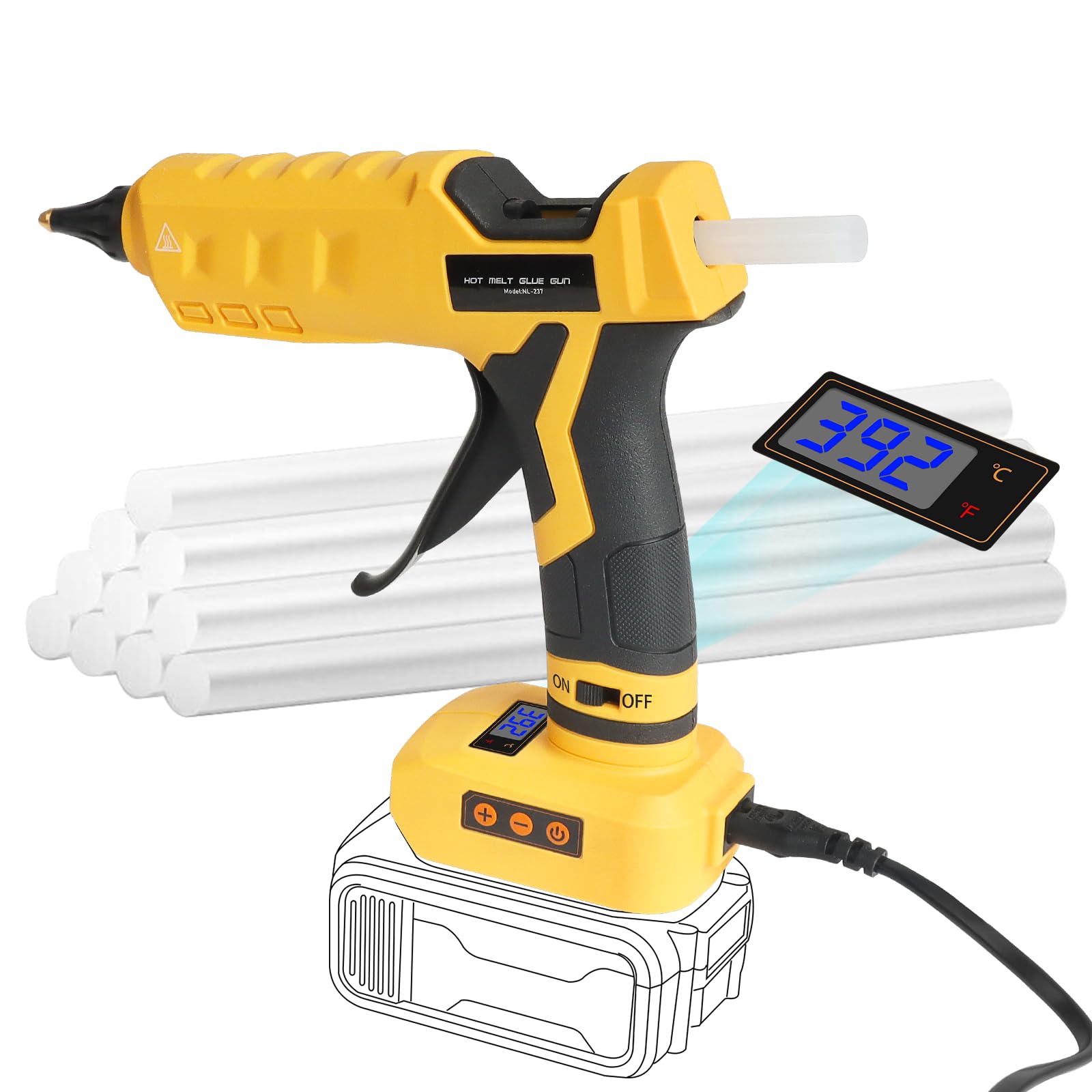 Pistola de pegamento caliente 2 en 1 inalámbrica y con cable compatible con batería Dewalt de 20 V, temperatura LED digital de 100 W, pistola de pegamento ajustable antigoteo de tamaño completo con 1