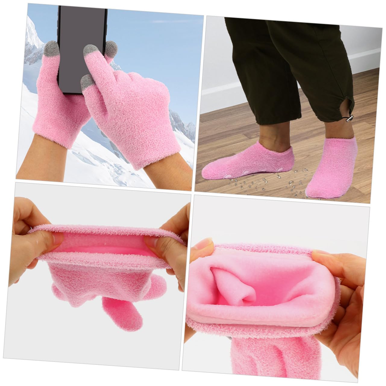 NOLITOY 2 pares Térmicos Hidratantes y Calcetines de Gel Rosa Resistentes y Duraderos Táctiles para Manos Secas y Pies Cuidado Nocturno para Invierno Set para Spa y Protección Diaria
