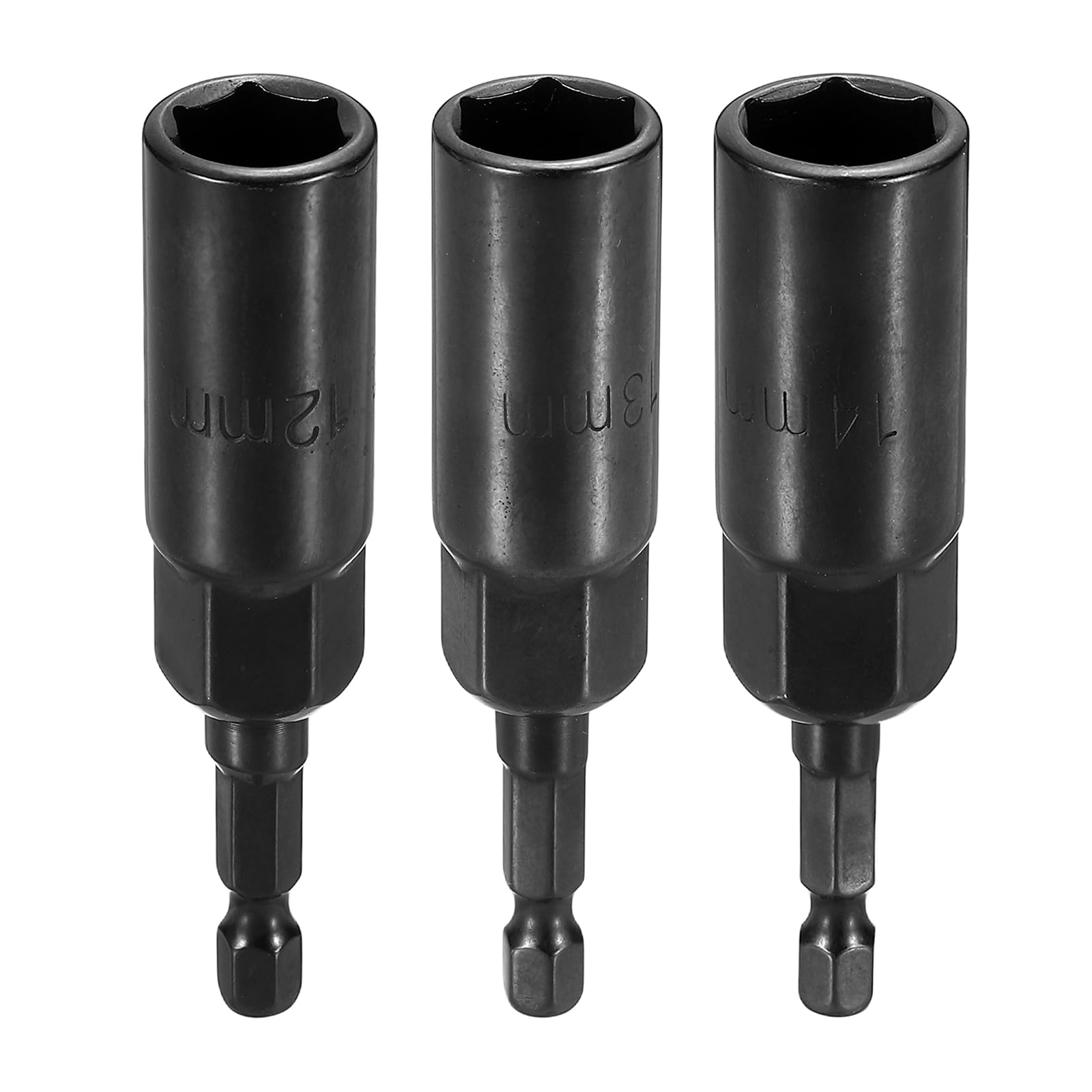 sourcing map 3pcs Nut Driver Drill Bit 12+13+14mm Metric Socket 1/4" Hex Shank 3.15" (80mm) Extra Long 6-Point Sockets Quick Change Cr-V Steel Bolt Setters for Power Drill Drivers, Black