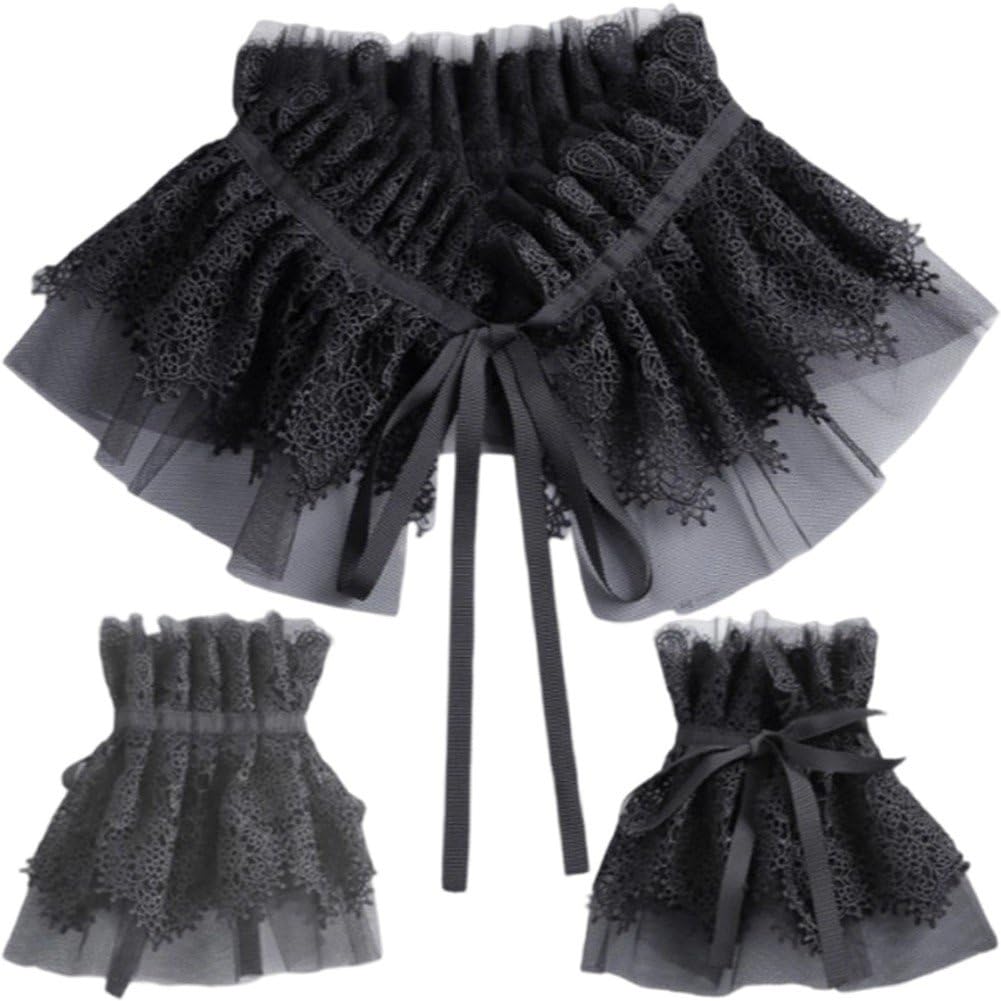 Sslvya Lace Neck Ruffle Collar and Wrist Cuffs Set, Layered False Collar and Wrist Cuff Sleeves for Fancy Dress Cosplay Costume Accessories
