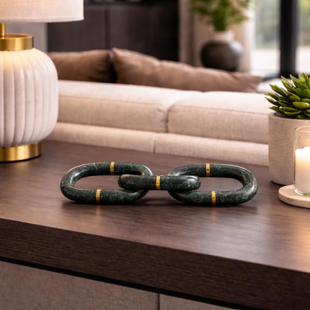 Marble Chain Sculpture for Home Styling - Decorative Accent for Bathroom, Office, Living Room, and Shelf - Modern Linked Figurine Ornament for Room Coffee Table Display - 3", Green & Gold