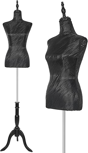 KTMANEQ Torso de maniquí femenino ajustable con soporte, forma de vestido pinable para costura y exhibición de ropa (negro, seda)