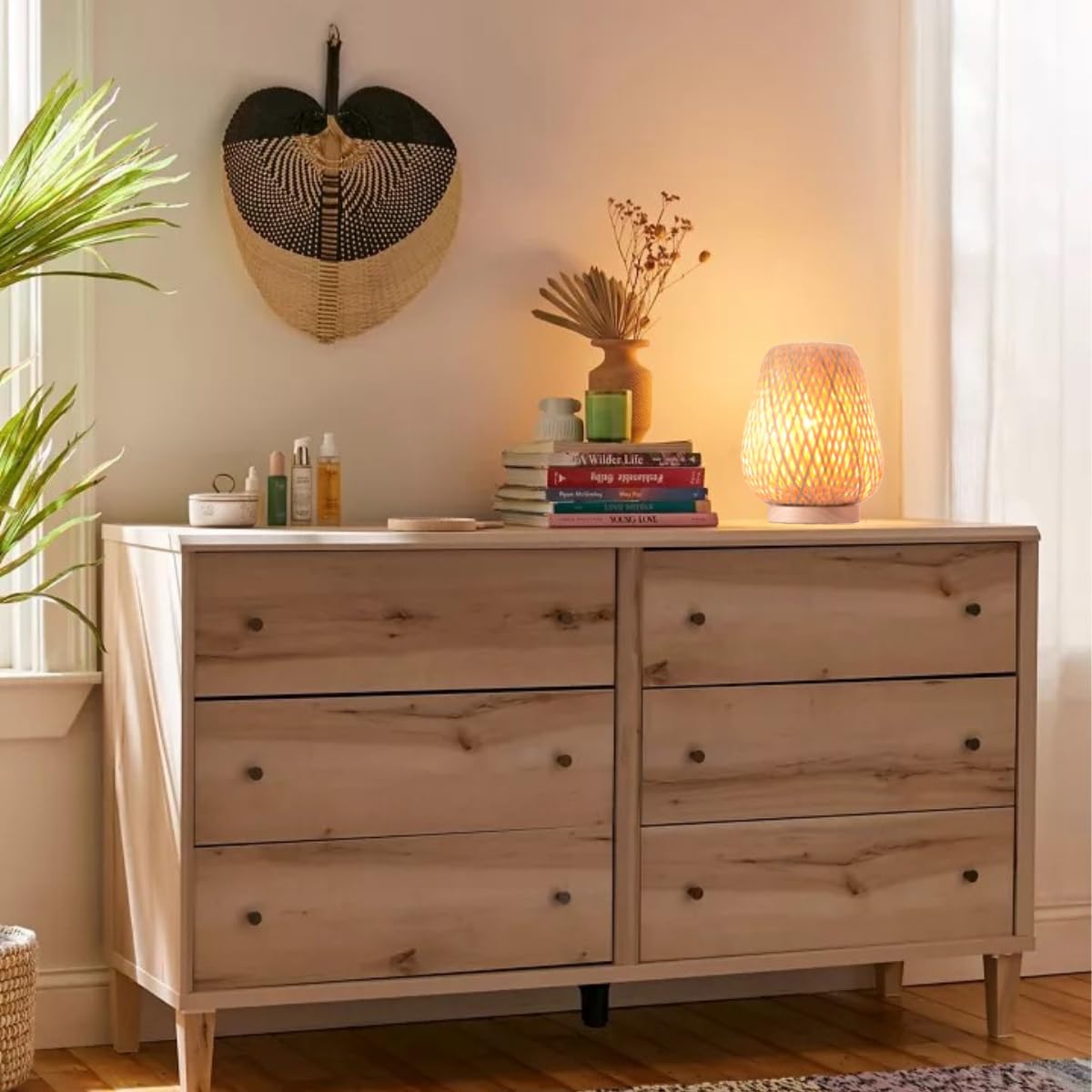Boho Style Rattan Table Lamp,Dimmable Bamboo Desk Lamp,Yellow Bamboo