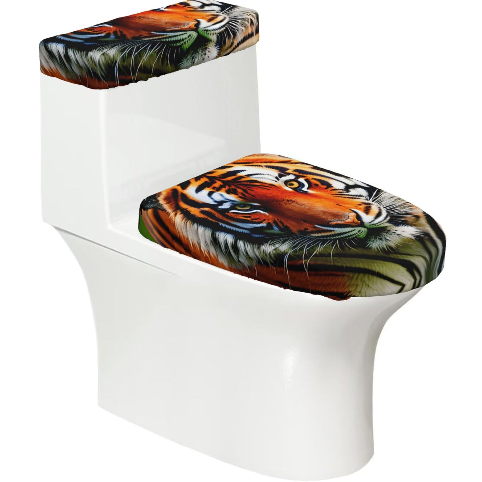 Tiger Stripes Orange Pattern Printed Toilet Tank and Lid Cover Set of 2 for Most Bathrooms, Fits Elongated Round Toilets