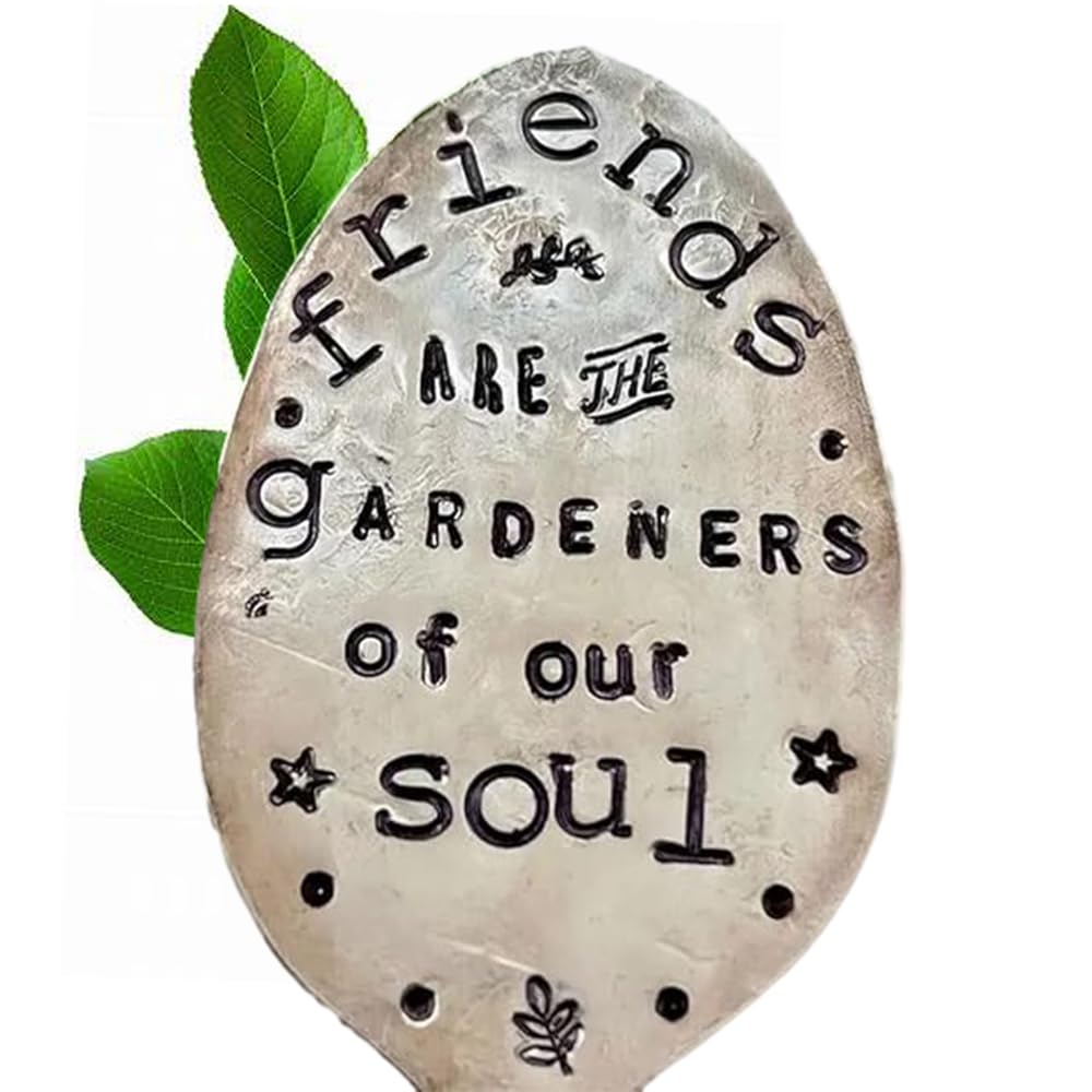 Garden Marker Friendship Gift, Silver Stamped Funny Spoon Plant Markers, Garden Metal DIY Decorative Sign Plant Labels,Plant Lover Garden Decoration Creative Gift (Friends are Gardeners of Our Soul)
