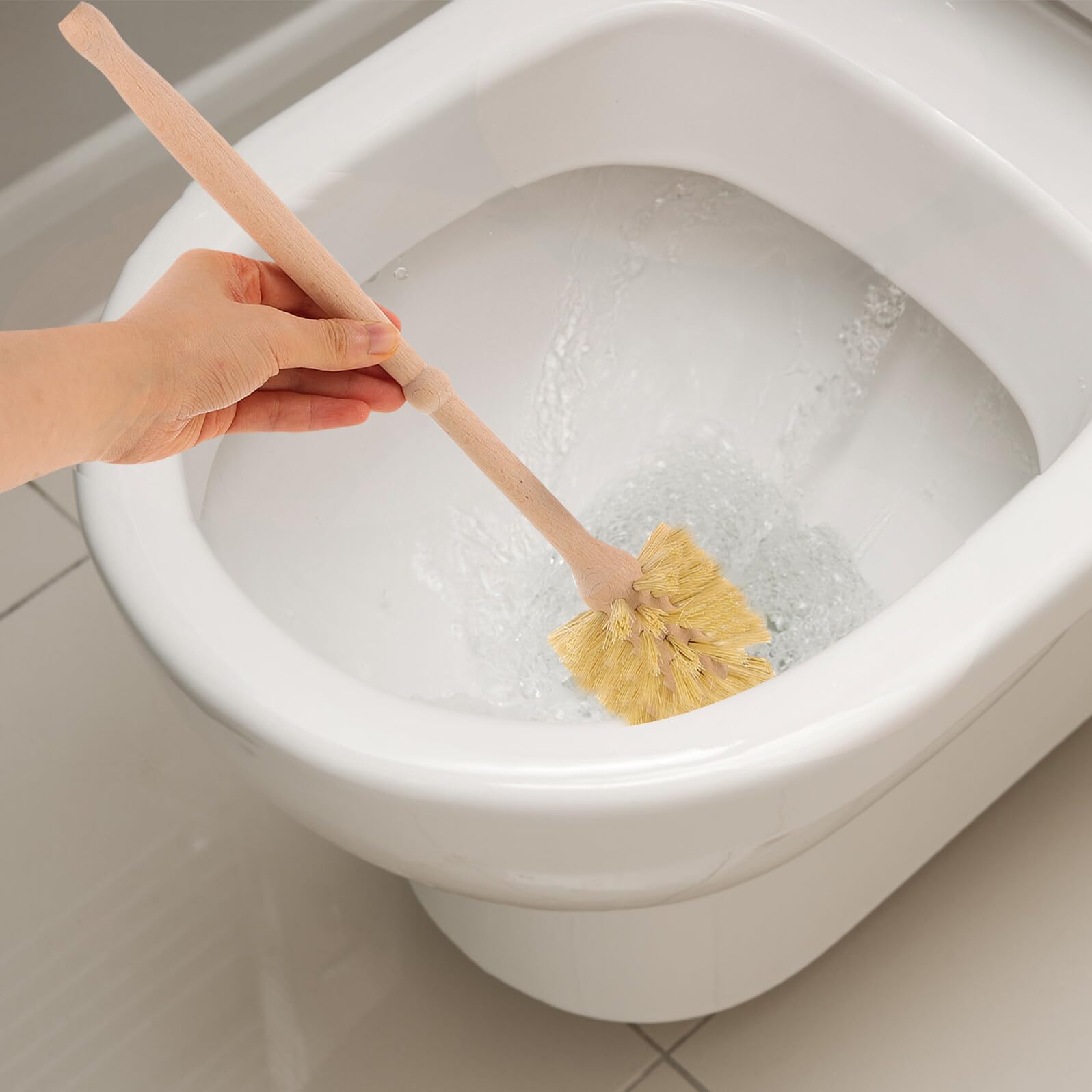 Cepillo de Limpieza para Inodoro 1 Set con Base de Madera y Cerámica | Color Caqui, Quita Manchas a Fondo, Limpieza Fácil para Hotel y Centro Comercial