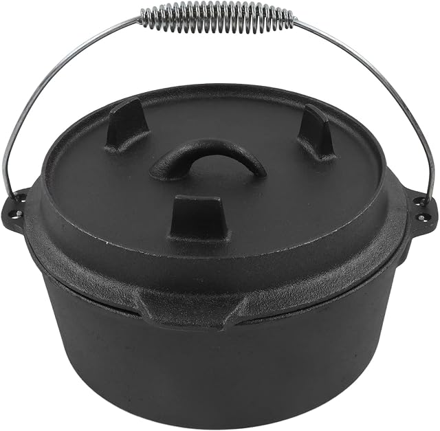Cast Iron Dutch Oven, Non Stick Camp Dutch Oven Camping Pot with Lid with Wire Bail for Outdoor Cooking Baking(25CM)