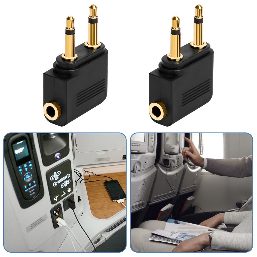 Adaptateurs pour Casque d’Avion Plaqué Or, Lot de 2, 3,5 mm Femelle AUX Audio Jack, Double Jack Adaptateurs Airline