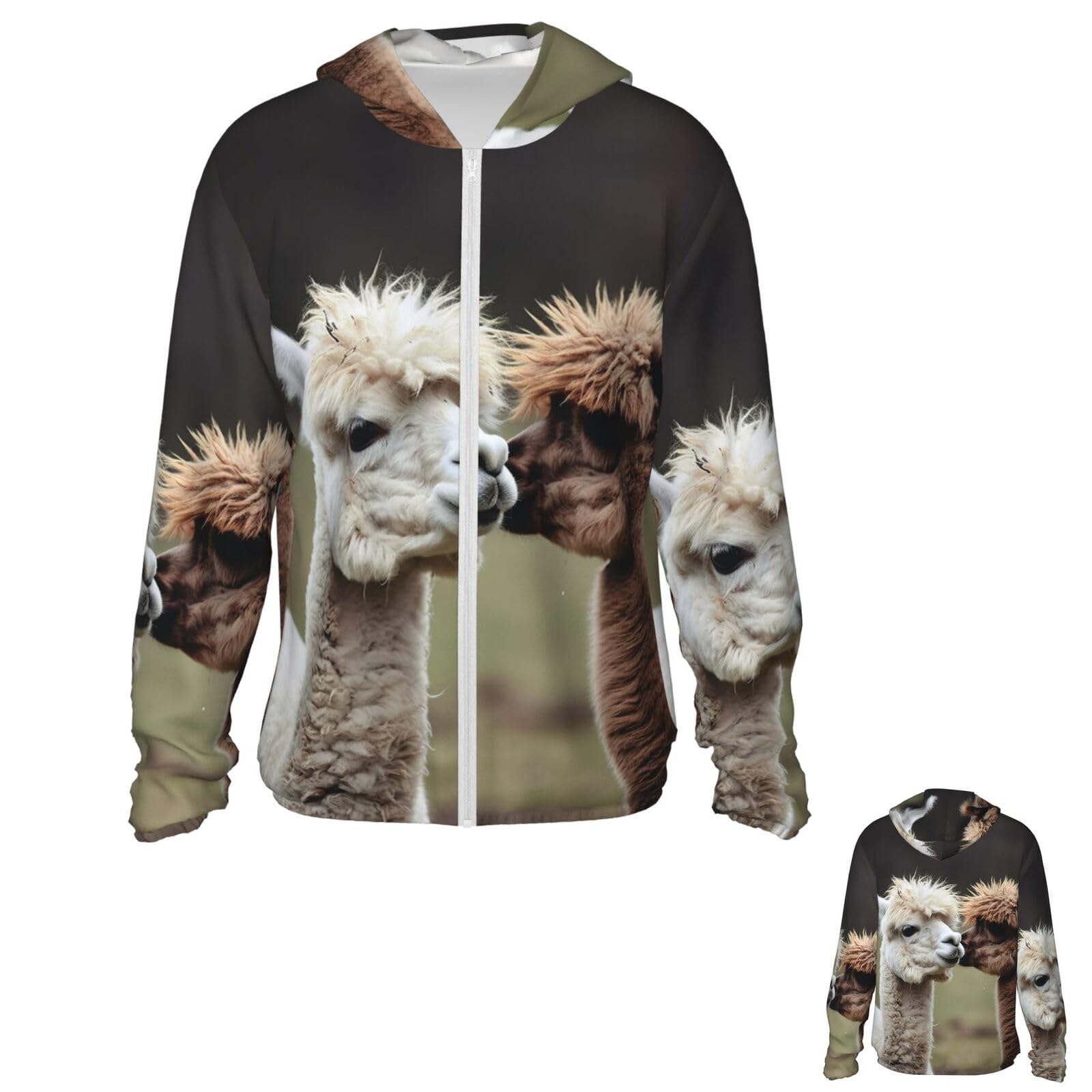 NONHAI Men's Sun Protection Jacket UPF 50+ Full Zipper Long Sleeve UV Hoodie Shirt Funny Alpaca Women's Outdoor Jacket Black