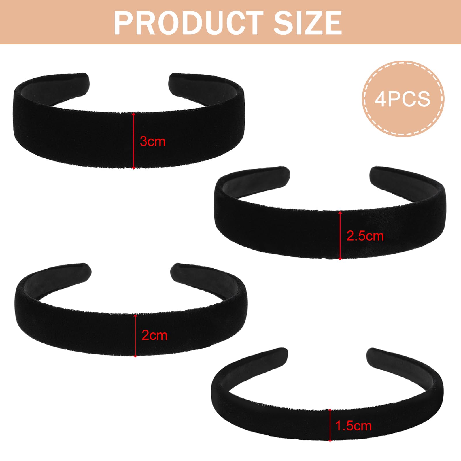 Puedno 4pcs Black Velvet Padded Headband for Women & Teen Girls, No Teeth, Plain Thick Headbands, Hoops, Velvet Hair Band - Image 2